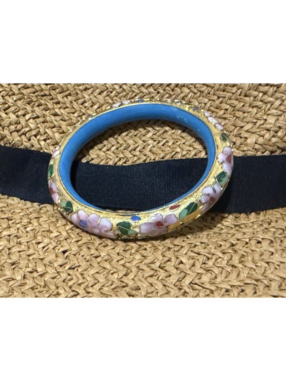 Vintage Floral Cloisonne Bangle Blue Inner & Gold Tone Enamel Accents 7.75-8"